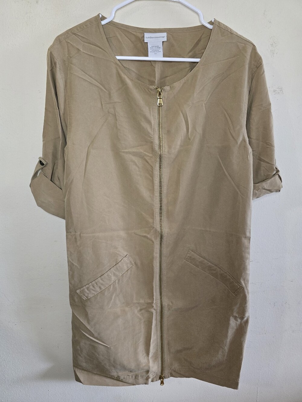 Soft Surroundings Utility Dress Women's XS Tan Zip Front Pockets Casual Everyday